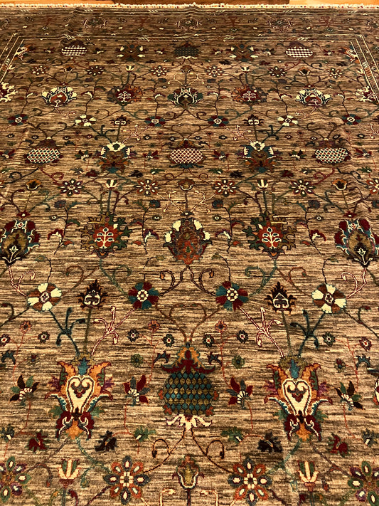 Sultanabad Green Floral Afghan Hand Knotted Vegetable Dye Wool Area Rug