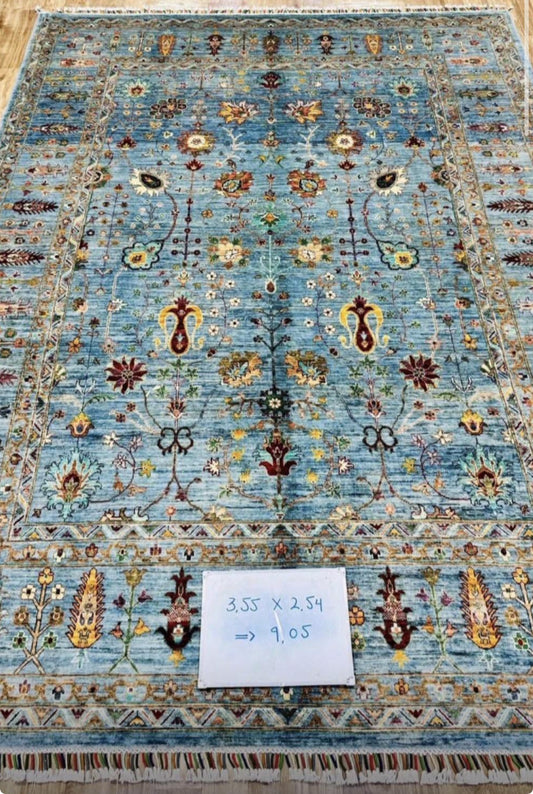Afghan Blue Floral Hand-Knotted Rug