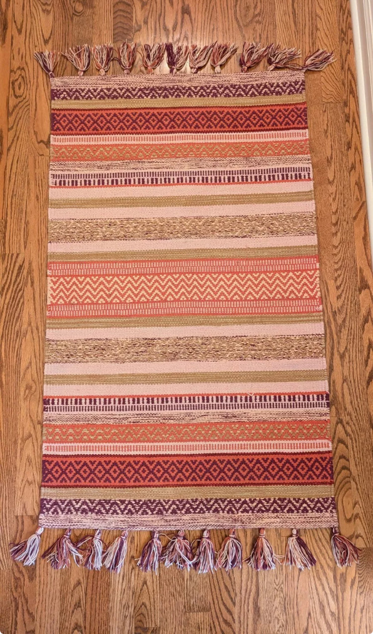 Boho Hand Woven Rug Pink, Peach, Salmon, Maroon Fringed 4.5 x 2.5 ft