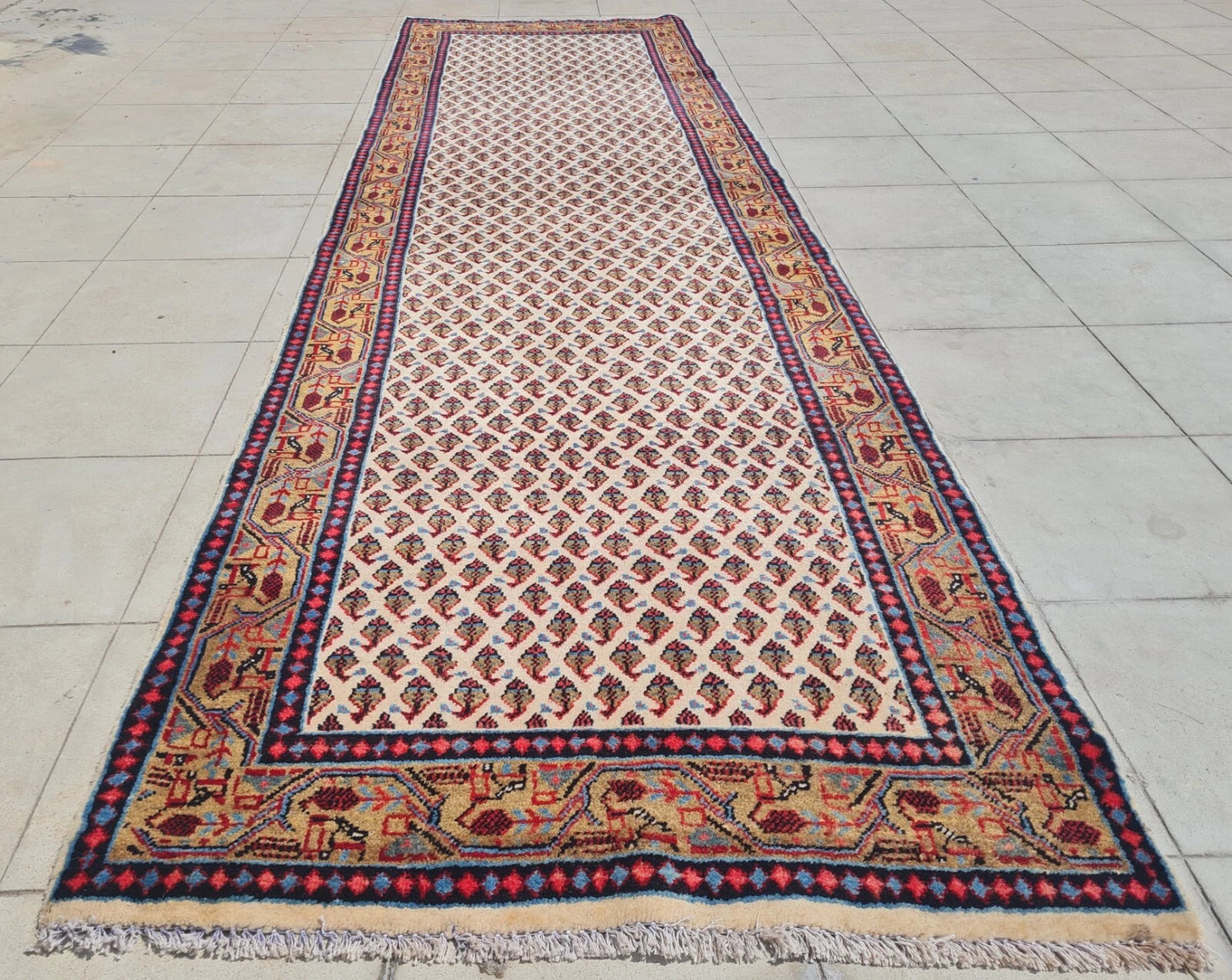 Hand Knotted Vintage Badam Gul Mir Wool Area Runner Rug 10 x 3 Ft
