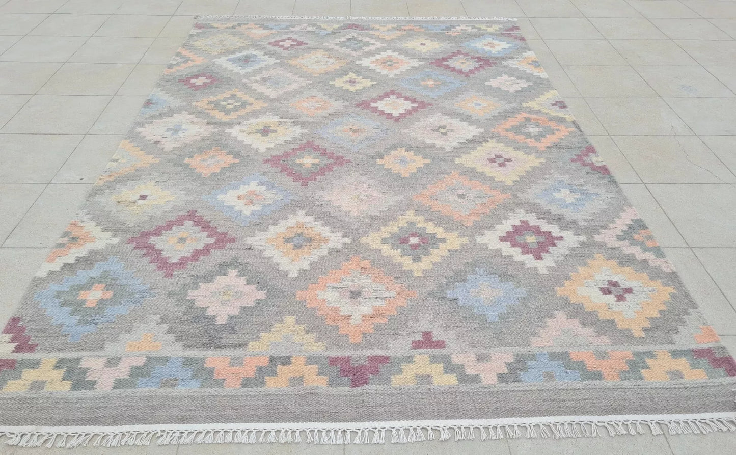 Authentic Hand Knotted Vintage Flat Weave Kilim Wool Area Rug 8 x 5 Ft