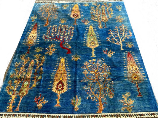 Afghan Azure Garden Gabbeh Rug Authentic Hand Knotted
Wool 5 x 7 ft