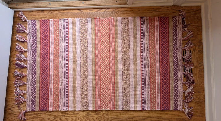 Boho Hand Woven Rug Pink, Peach, Salmon, Maroon Fringed 4.5 x 2.5 ft