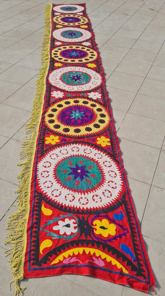 Hand Embroidered Vintage Afghan Turkmen Suzani Suzni Wall Hanging 14 x 2 Ft