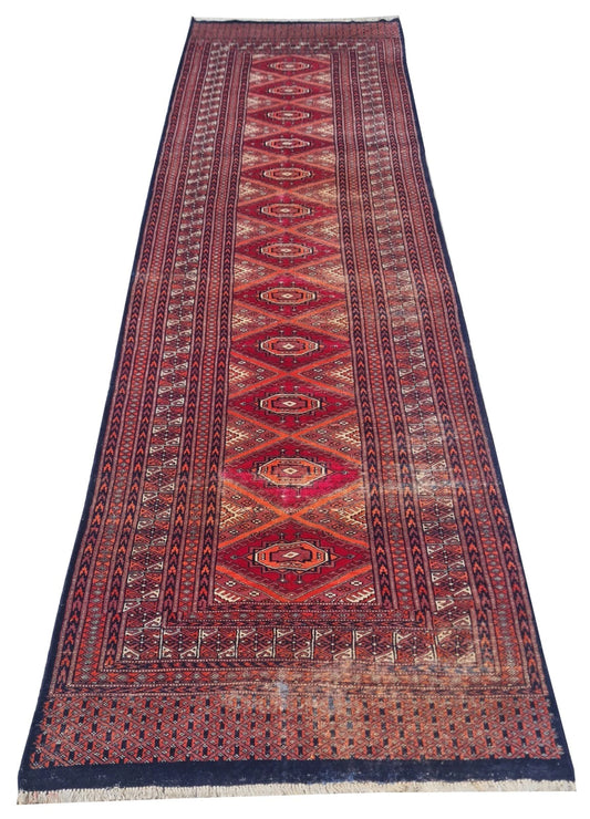Hand knotted Vintage Pakistani Bokhara Jhaldar Wool Area Runner Rug 12 x 3 Ft