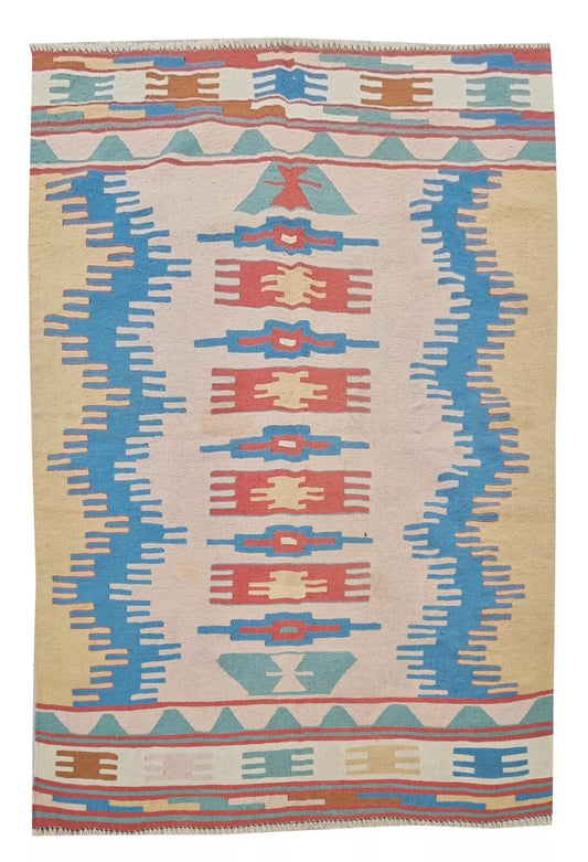 Authentic Hand Knotted Vintage Turkish Kilim Kilm Wool Area Rug 5 x 4 Ft